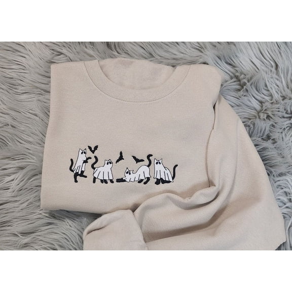 Ghost Cats Halloween Embroidered Crewneck