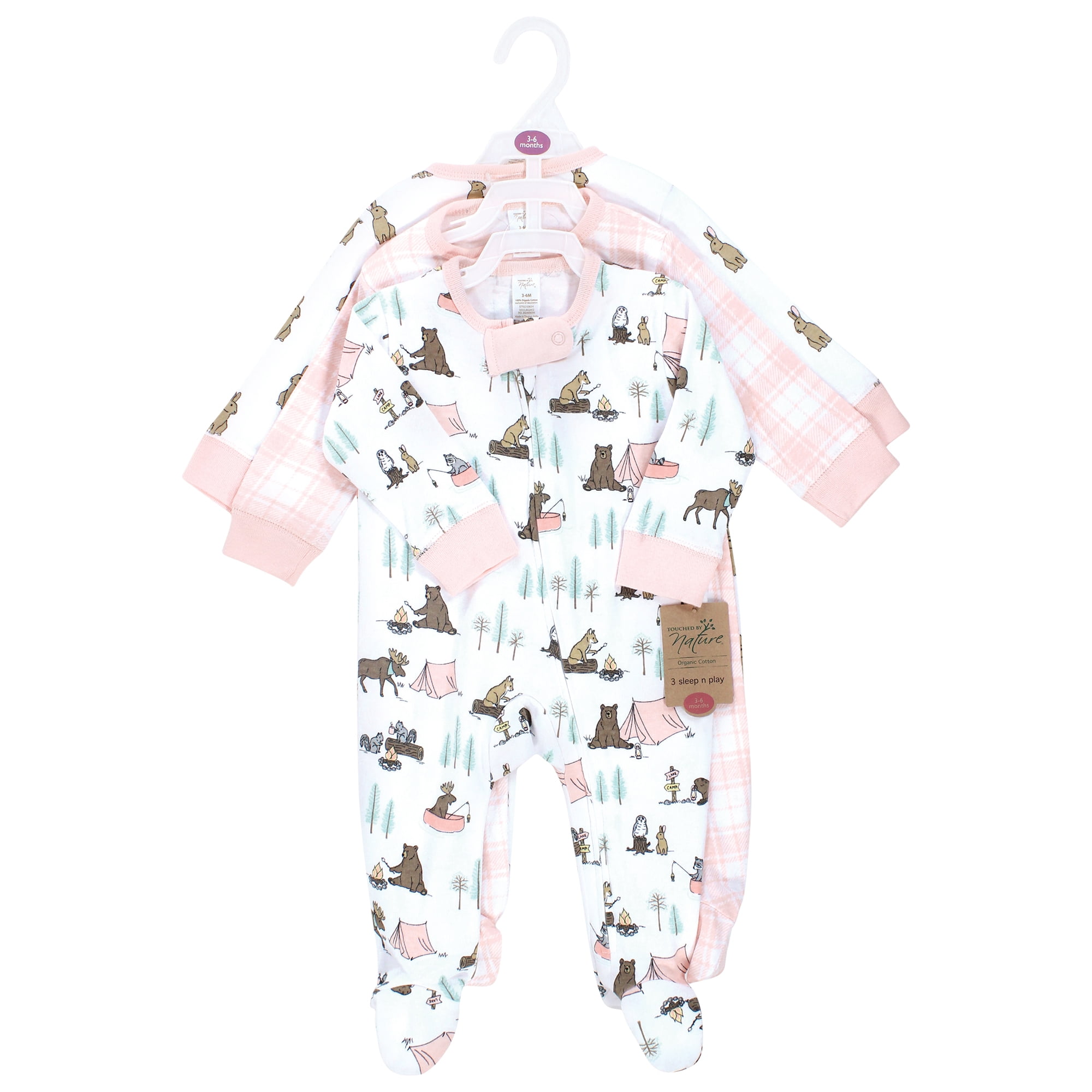 Touched by Nature Unisex Baby Organic Cotton Sleep and Play, Pink Camping Animals, Preemie