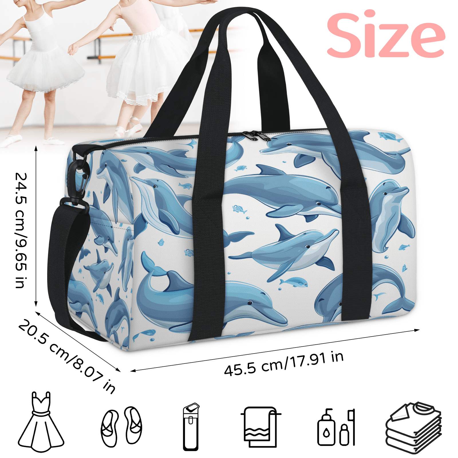 Herdesigns Dolphin Travel Duffle Bag Sports Yoga Weekender Overnight Carry on Workout Bags Lightweight Waterproof Gym Tote Bag for Women Animal Fish