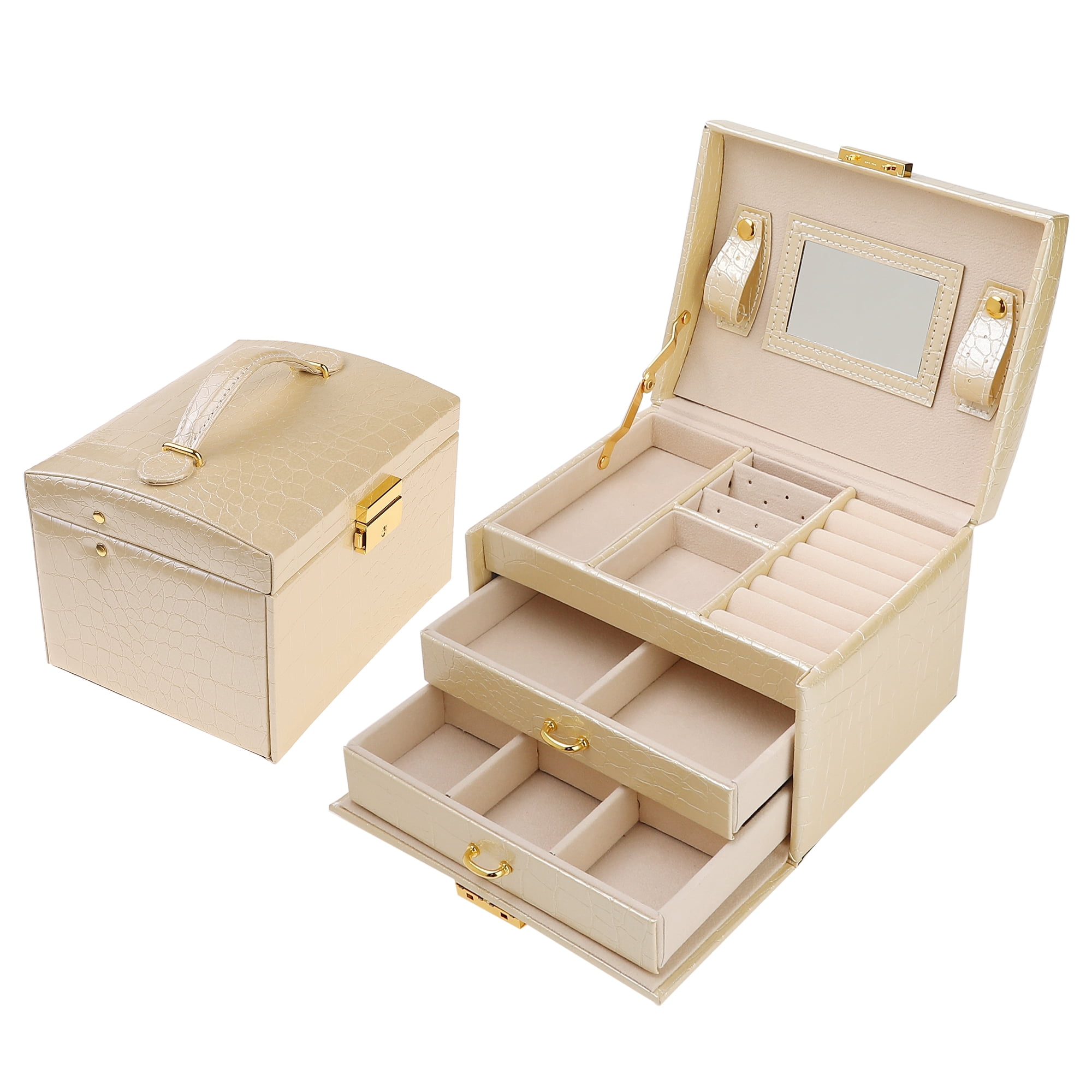 Unique Bargains 3 Layer Jewelry Box with Mirror for Women PU