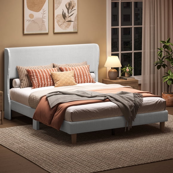 Bestier Queen Bed Frame, Wingback Headboard Corduroy Upholstered Platform Bed, No Box Spring Needed, Noise-Free, Easy Assembly, Light Grey