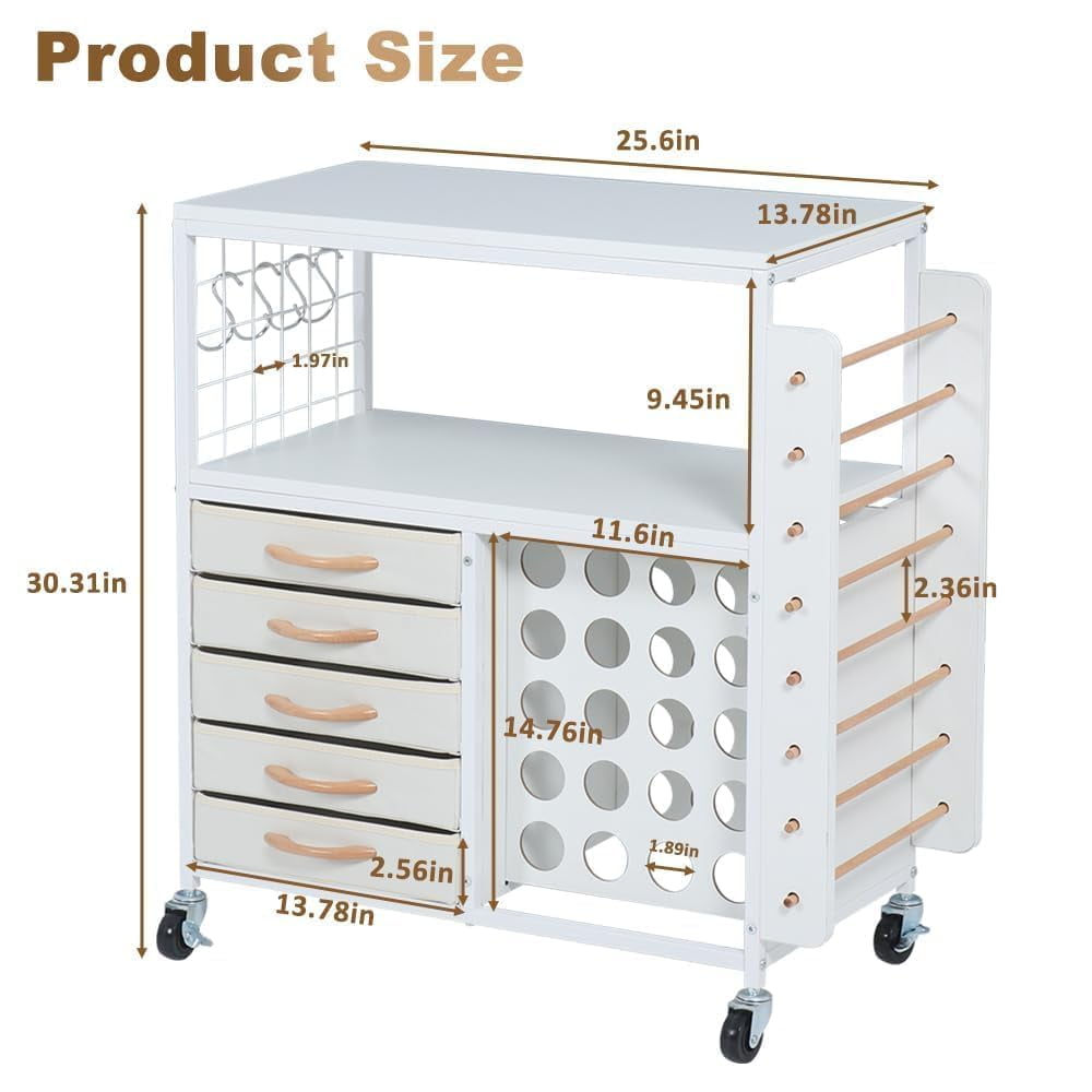 LUCKUP Organization and Storage Craft Table for Cricut Machines, Rolling Cart Cabinet with 28 Vinyl Roll Holders and 5 Drawers