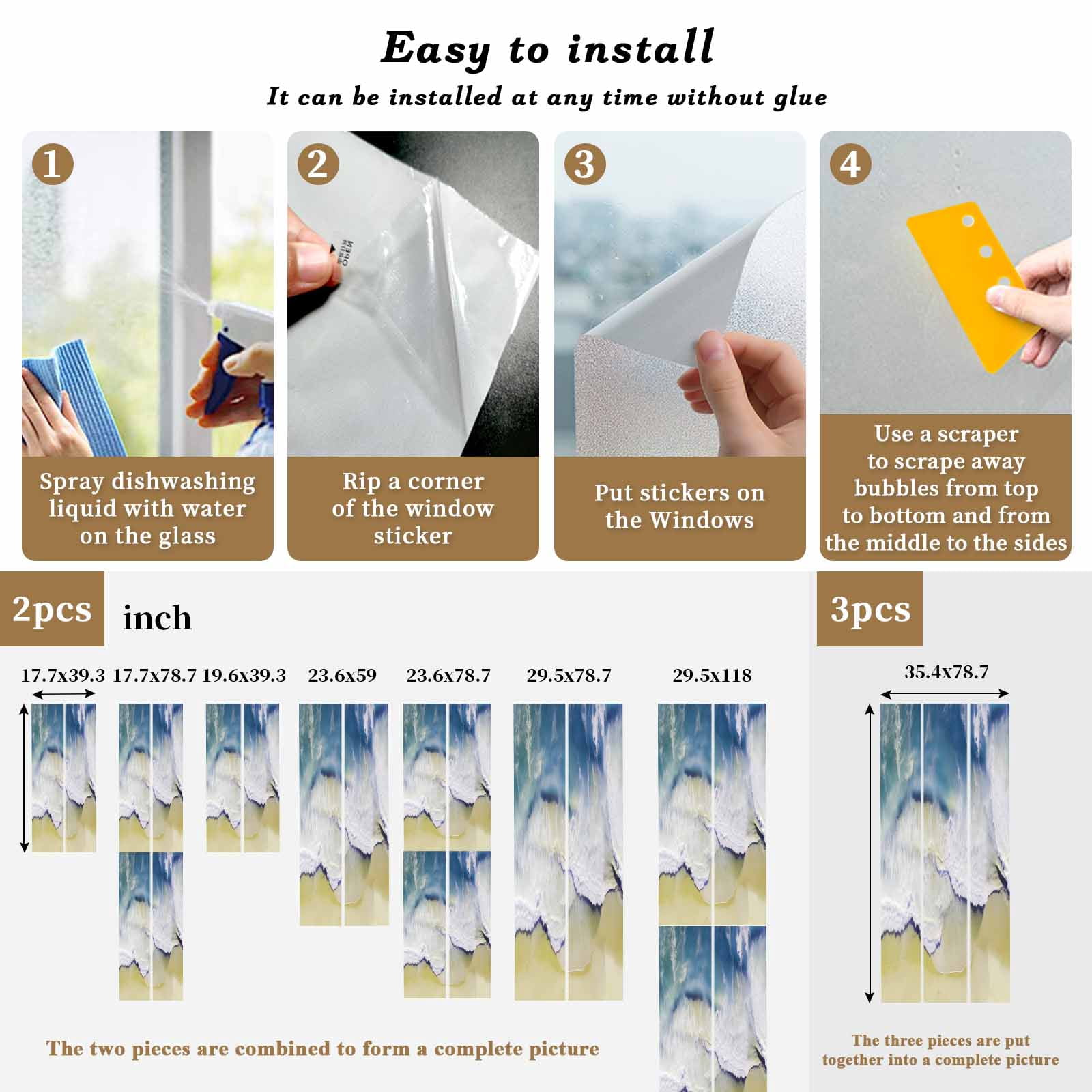 Abstract Summer Window Privacy Film, Ocean Beach Blue Wave Frosted Glass Window Clings Static Cling UV Heat Blocking Reusable Door Sticker for Bathroom 23.6 x 59 Inch