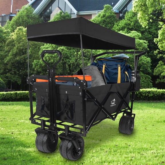 Foldable Wagon with Removable Canopy & Cooler Bag - Heavy Duty Collapsible Wagon Utility Cart with 4" All-Terrain Wheels for Camping Beach Garden, Black