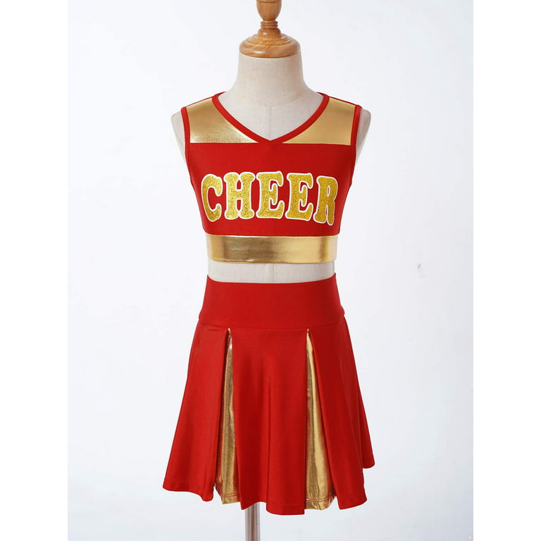 Aislor Kids Girls Cheer Leader Costume Halloween Carnival Cheerleading  Uniform Dance Dress with Pom Poms Size 6-16 A Red 12