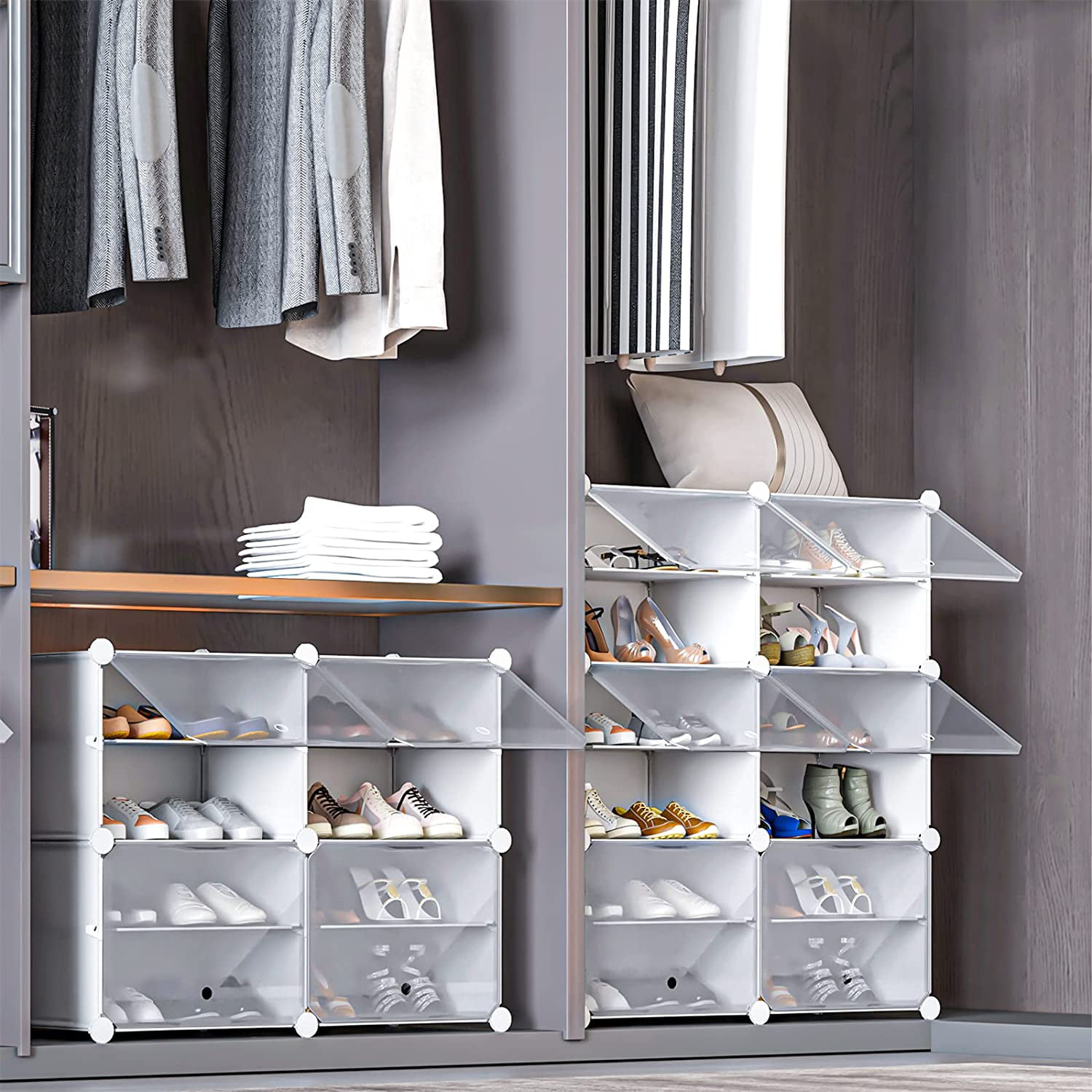 UNZIPE Shoe Rack Organizer, 4 Cube 8 Tier Covered Shoe Storage Cabinet 16  Pairs Freestanding DIY Shoe Shelves Plastic Shoes Rack for Closet Entryway  Hallway Bedroom or Garage, White: Buy Online at