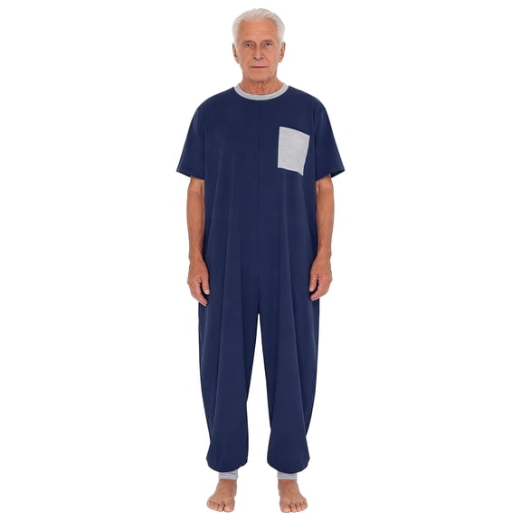iixpin Men Alzheimer Anti-Strip Jumpsuit Short Sleeve Back Zipper Romper for Dementia Elderly Special Needs Navy Blue XXL