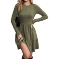 thumbnail image 3 of Womens Long Sleeve Fall Dresses with Flowy Casual Ribbed Knit Crew Neck Knee Length Sweater Dress Green S, 3 of 8