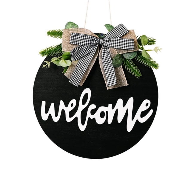 Corona de puerta para decoración de exteriores, letrero de bienvenida con cinta de celosía de búfalo y plantas verdes, decoraciones para el hogar para casas de campo y de playa, decoración rústica