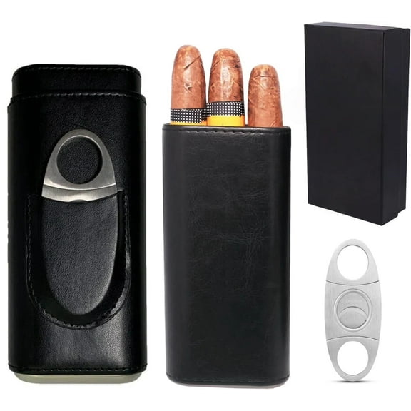 Soft Leather Cigar Case - Travel Humidor Accessories with Cutter and Small Humidifier - 3-Finger Portable Cigar Carrying Case, Black