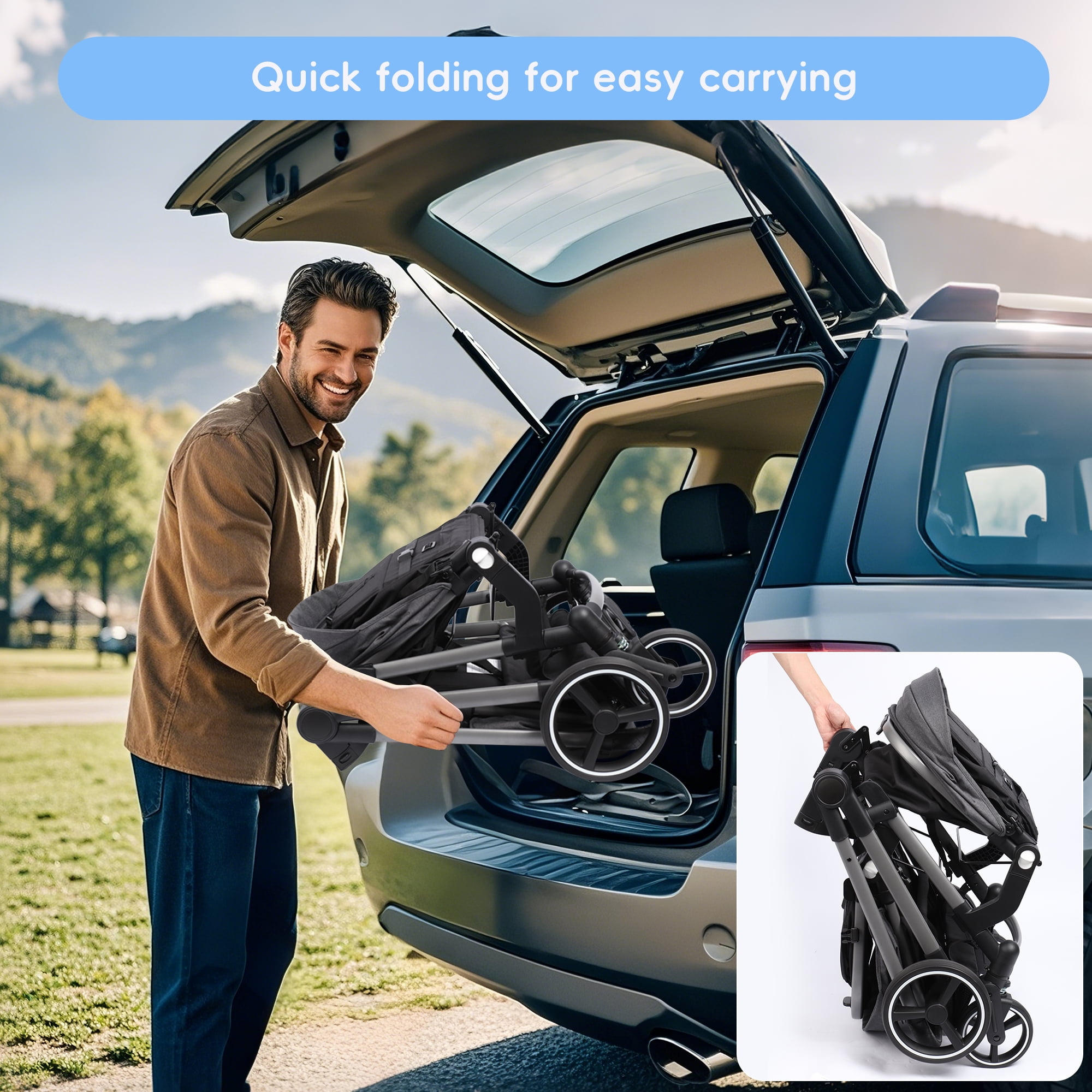 Double Stroller, Foldable Tandem for Infants & Toddlers, Reclining Seats, 5-Point Harness, Large Basket, Gray