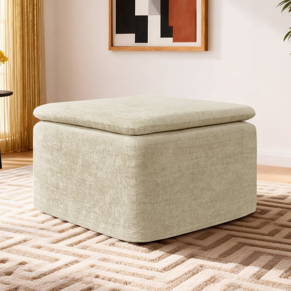 Large Ottoman for Living Room, Extra Seating & Coffee Table for Sofa, Plush Corduroy Pouf Footrest, No Assembly Needed, Rectangle Floor Ottoman, Beige