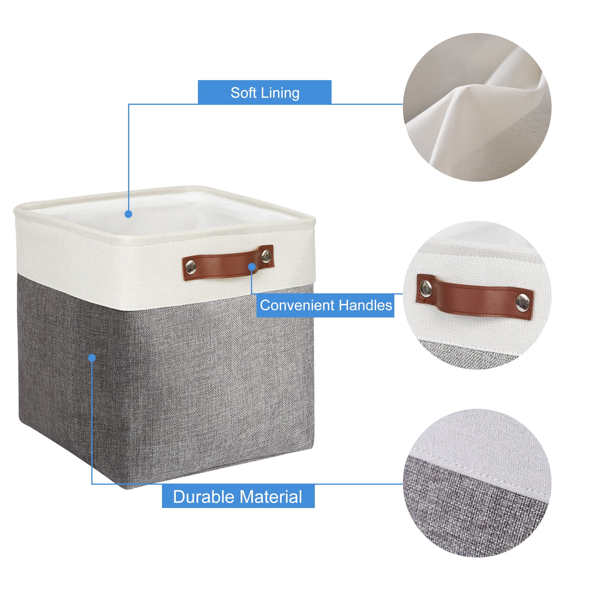 Tegance 13x13 Storage Cubes Baskets 4 Pack Fabric Cube Storage Bins Large Storage Baskets with Leather Handles,Decorative Storage Boxes for Organizing Shelves(White&Gray)