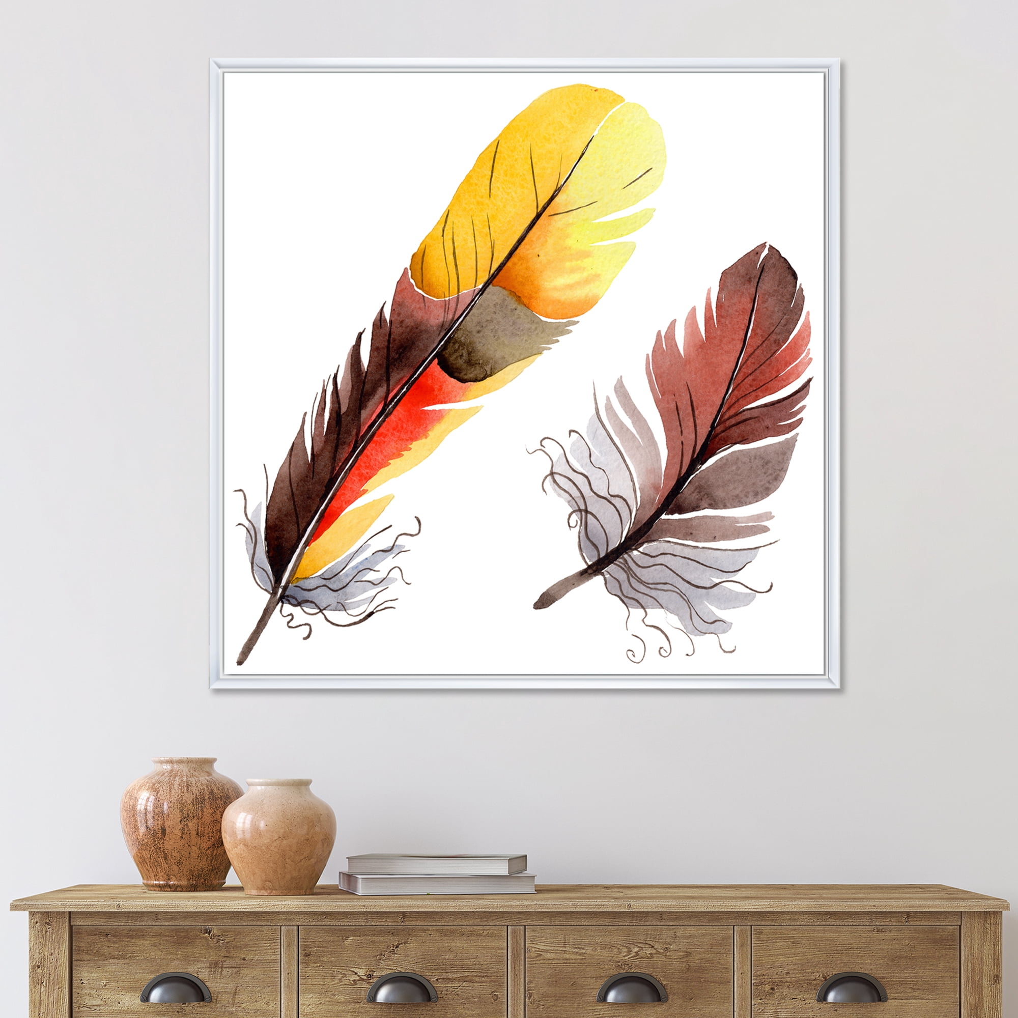 Designart 'Colourful Boho Art Feathers IV' Bohemian & Eclectic Framed Canvas Wall Art Print