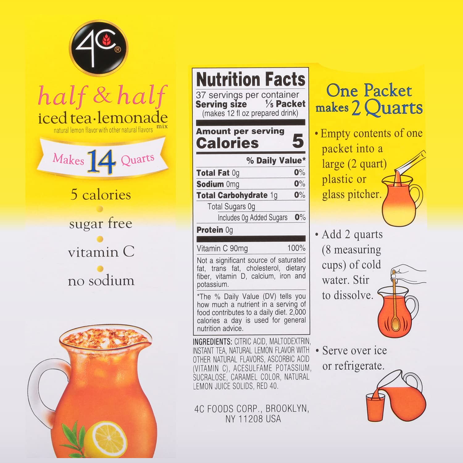 4C Sugar Free Drink Mix Pitcher Pack (7 Packets) Flavor: Half & Half Iced Tea-Lemonade, Size: 6-Pack