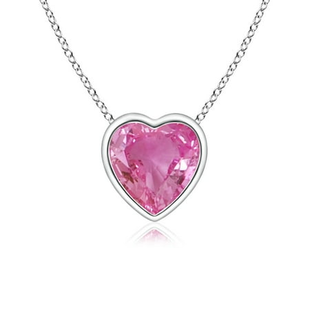 White Gold Pink Sapphire Pendant - September Birthstone Necklace - Bezel-Set Solitaire Heart Pink Sapphire Pendant in 14K White Gold (5mm Pink Sapphire) - SP0152PS_N-WG-AAA-5