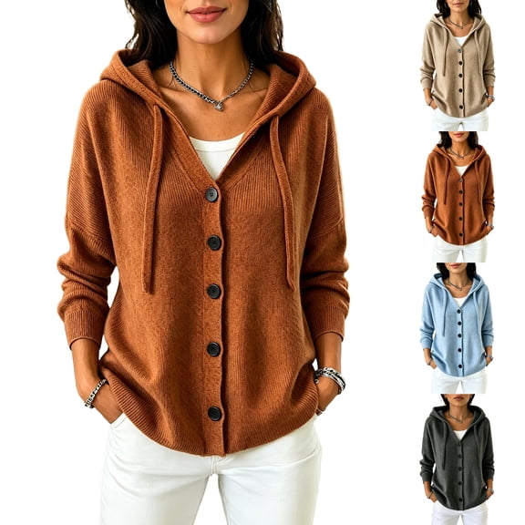 Sorvello Women's Hooded Knit Cardigan Sweater Button Down V Neck Drawstring Hood Solid Color Warm Fall Winter Outerwear Coat for Women Beige L