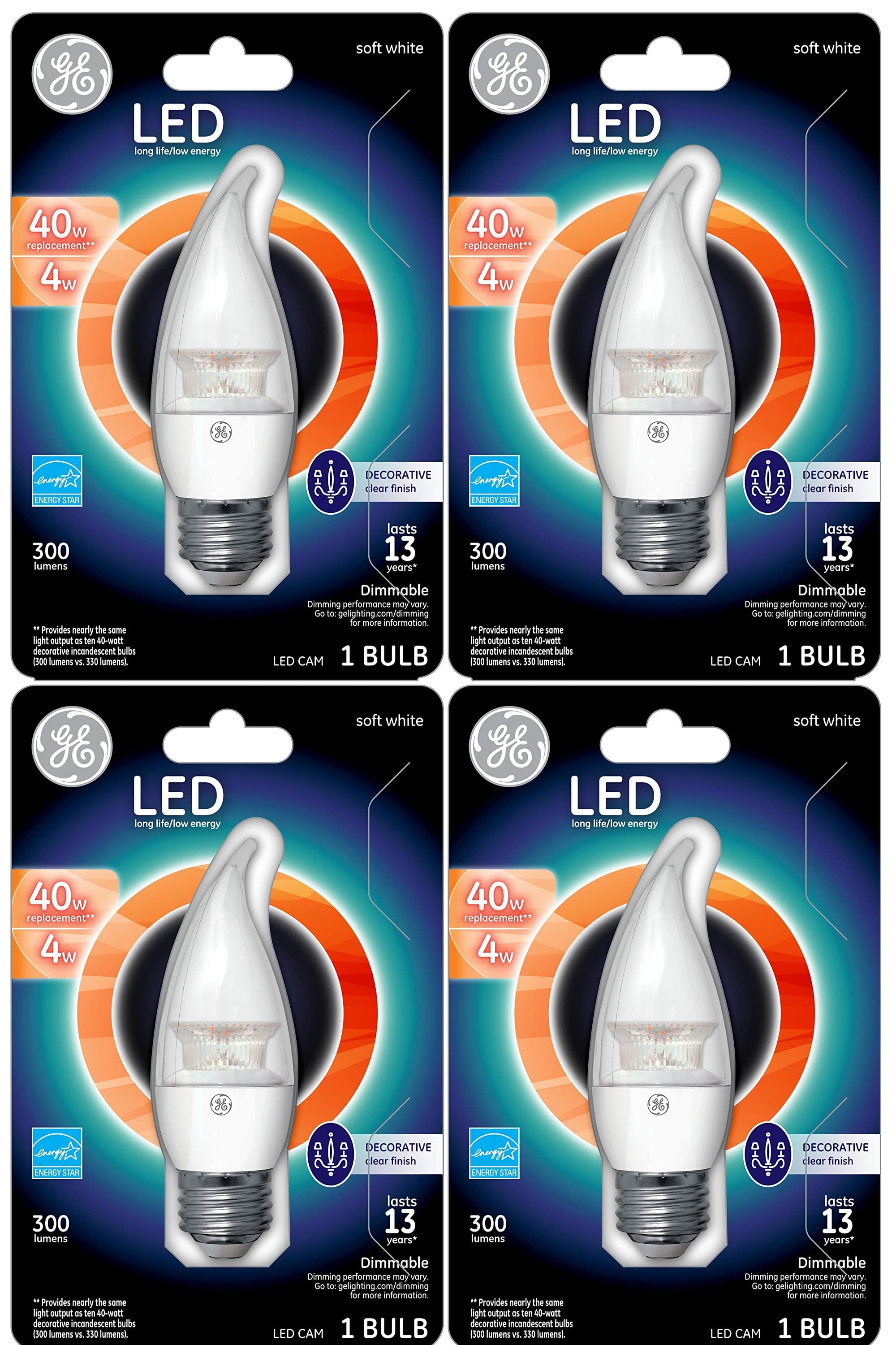 (4 bulbs) GE Lighting 37888 LED Chandelier Bulb with Medium Base, 4-Watt, Soft White (Clear ...
