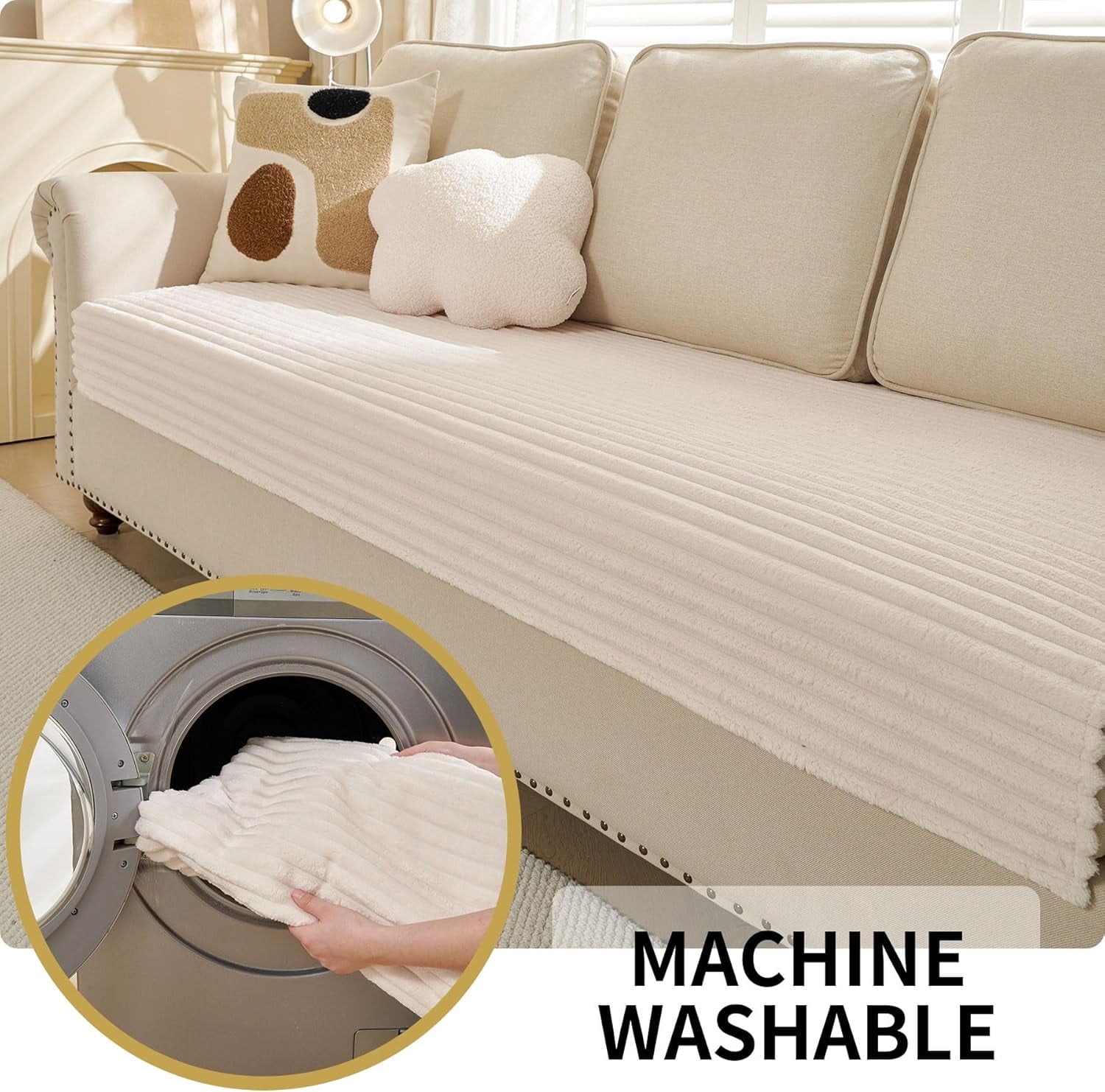 Waterproof Couch Cover for Dogs Washable, Faux Fur Pet Couch Covers for Sofa, Soft Dog Bed Cover Non-Slip Couch Covers for 3 Cushion Couch Sofa Pet Friendly (Beige, 35" x 74")