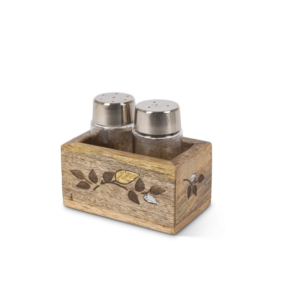 Glass Salt & Pepper Shakers in Mango Wood with Laser and Metal Inlay Leaf Design Base.