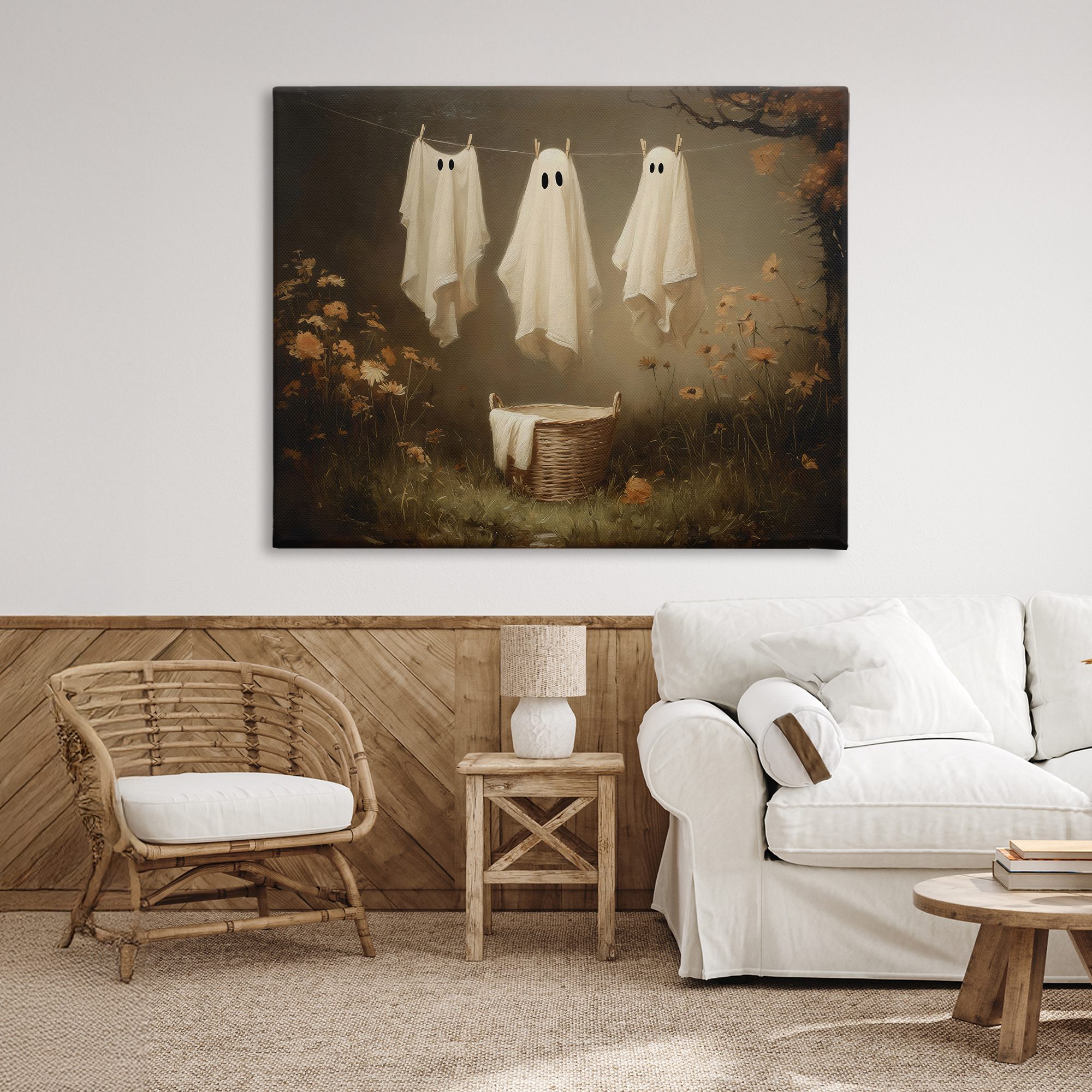 Three Laundry Ghosts Hanging Canvas Wall Art, design by Arlington Prints