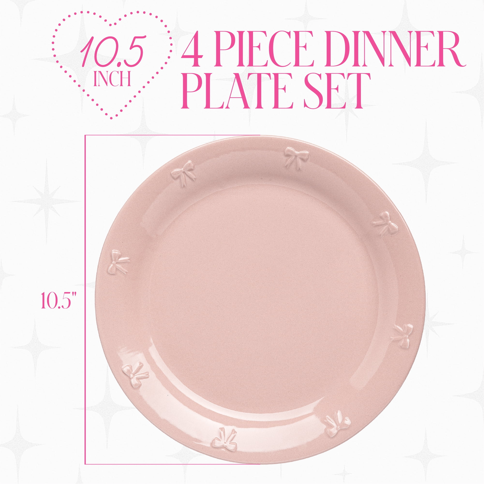 Paris Hilton London Collection 10.5-Inch Stoneware Ceramic Dinner Plates, Set of 4, Microwave & Dishwasher Safe, Pink with Embossed Bow Detailing