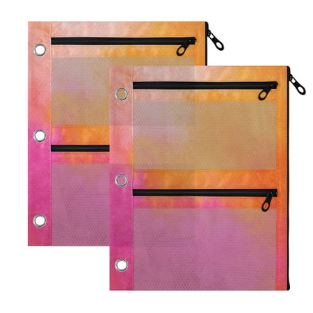 2 Pack 3-Ring Binder Pencil Pouch with Clear PVC Windows Pink Orange Watercolor Pattern Large Capacity Stationery Bag for Classroom Office Supplies