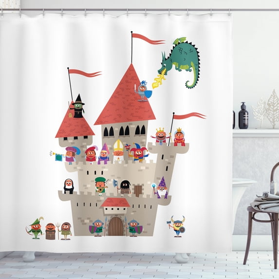 Fantasy Shower Curtain, Cartoon Kingdom with All Noble Fairytale Characters and a Dragon Spitting Fire, Fabric Bathroom Set with Hooks, 69W X 84L Inches Extra Long, Multicolor, by Ambesonne