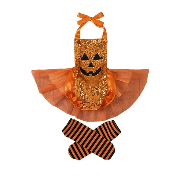 Gunia Halloween Outfits For Baby Girls Kids Floral Cotton Print Hallowmas Sleeveless Romper Bodysuit Socks Clothes Toddler Girl Outfit,Orange 18-24 Months