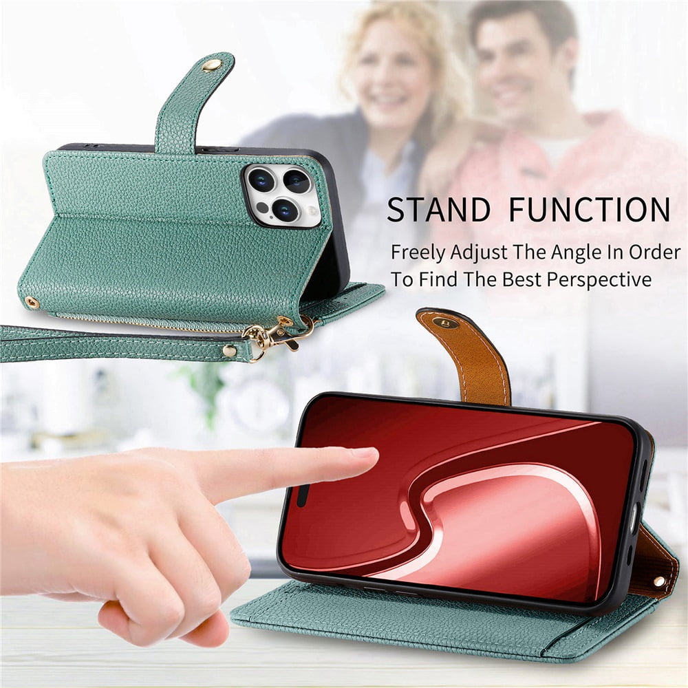For iPhone 15 Pro Max Leather Phone Case Wallet Zipper Pocket Pouch Folio Flip Cover Kickstand, Multi Anti-theft Card Holder Cash Slot, Double Magnetic Buckle, Wrist Lanyard,Green