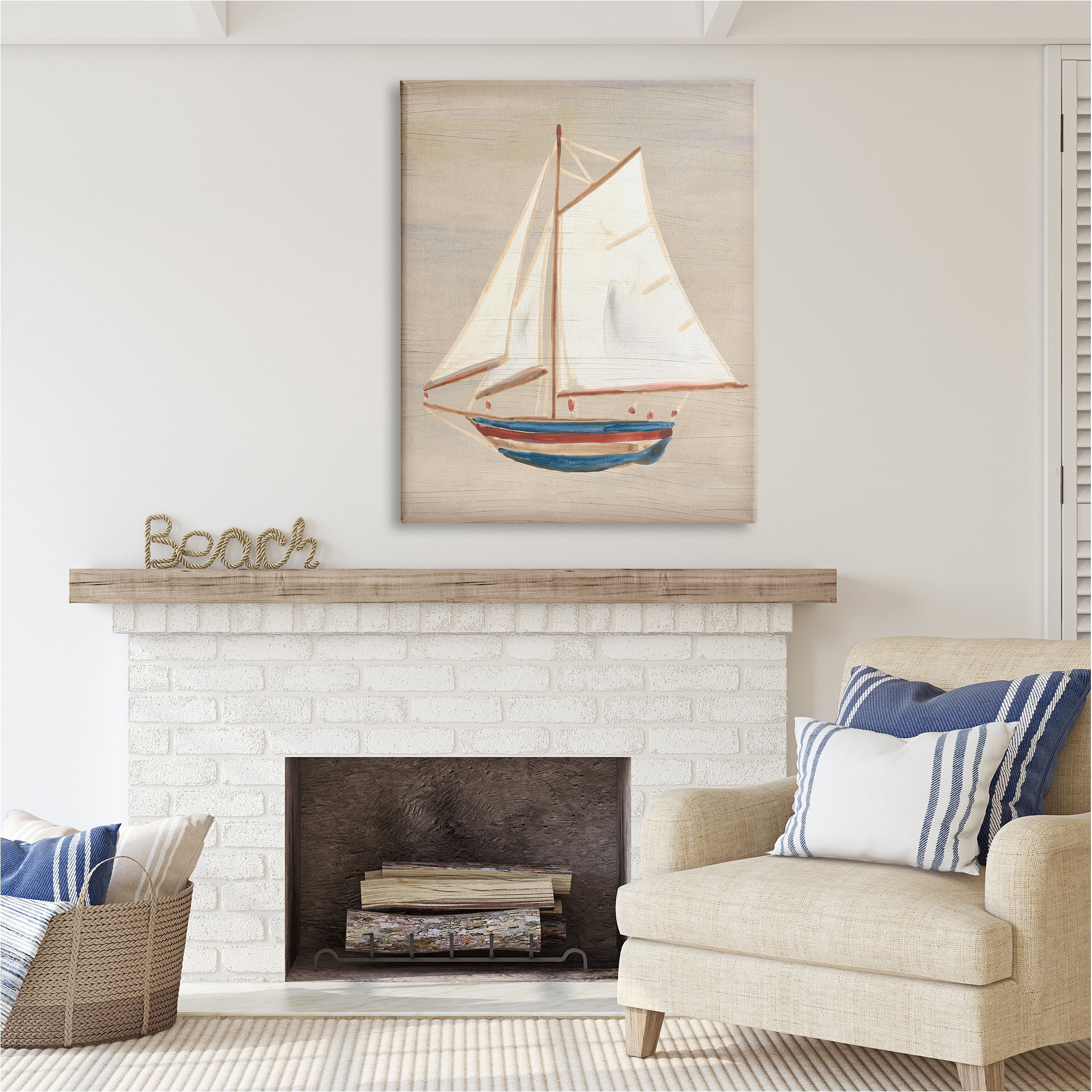Stupell Industries Blue & Red Sailboat Transportation Painting Gallery Wrapped Canvas Art Print Wall Art, 36 x 48