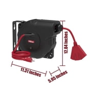 Hyper Tough 33 ft Auto-Retractable Extension Cord Reel, 16/3 AWG SJTW Cord, Grounded Triple Tap Outlet, Black/Red