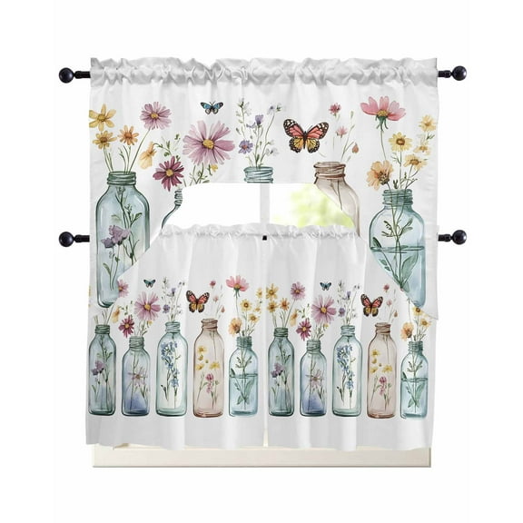 Pink Wildflowers Kitchen Curtains Sets 36 Inch Length with Valance, Elegant Butterflies Spring Floral Swag Valances and Tiers Curtain Set Drapes Swag Curtains for Living Room, Bathroom, Bedroom, Cafe