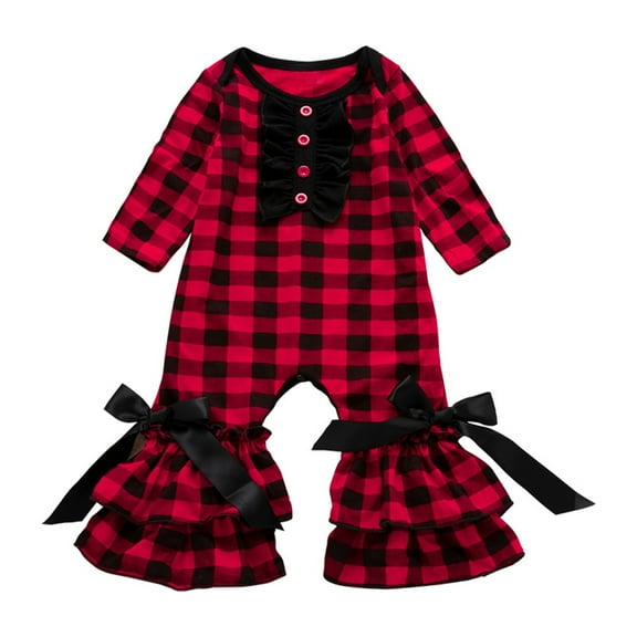 PINQI Baby 2024 Bodysuit Baby Bodysuit For Toddler Cute Girls Ruffle Romper Red Plaid Long Sleeve Bow Flared Pants Jumpsuit