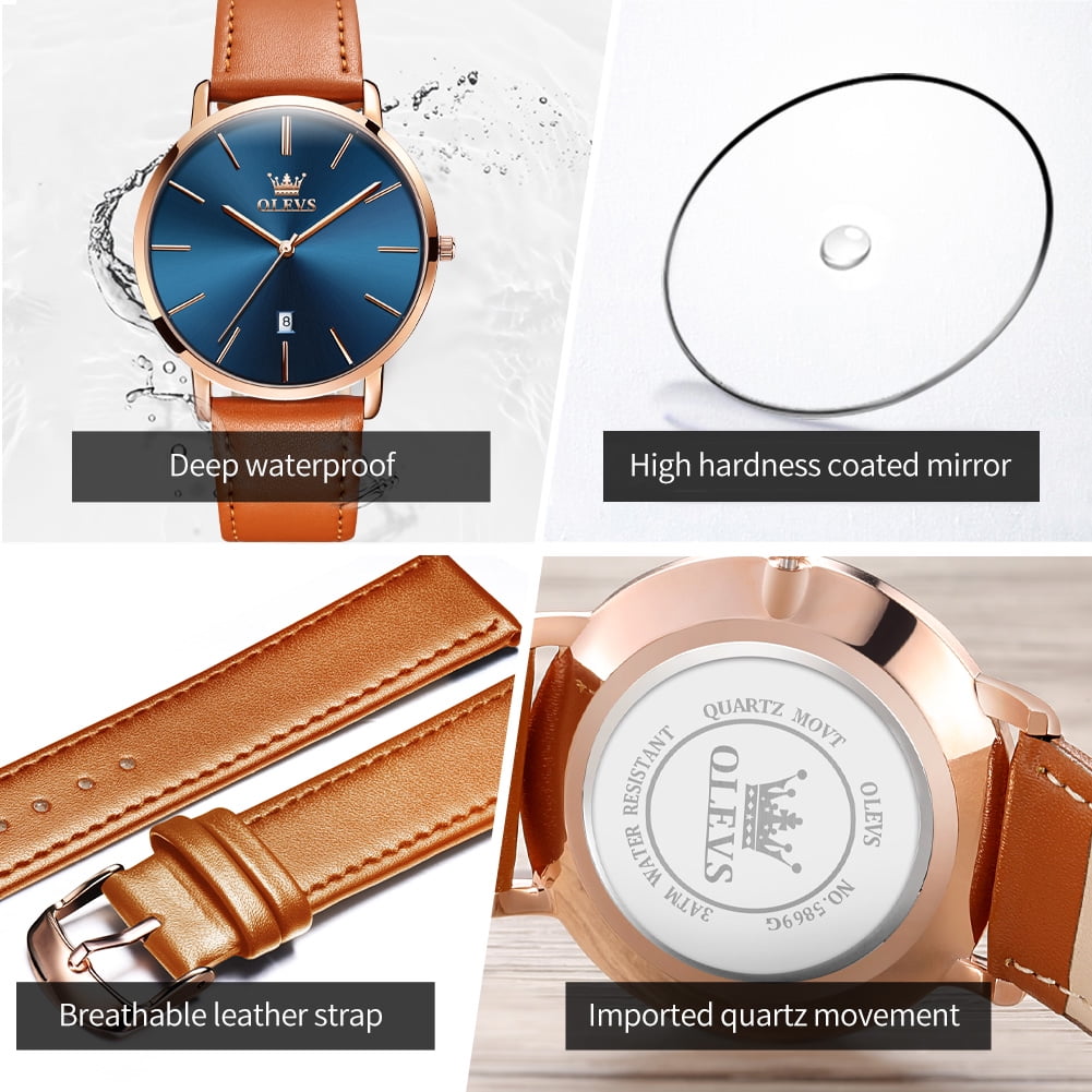 OLEVS Watches for Men Minimalist Ultra Thin Fashion Casual Analog Quartz Date Watch Waterproof Slim Simple Big Face Dress Mens Wrist Watches with Retro Leather Band for Men Reloj para Hombre