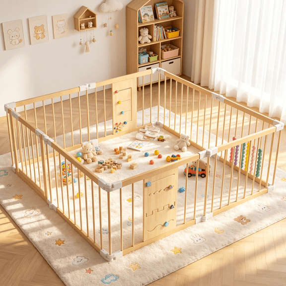 Guqiart Large Wooden Baby Playpen for Babies and Toddlers, 58"×58"×24" Adjustable Kids Play Yard with Locking Gate & Interactive Toys for Indoor Use