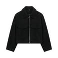 thumbnail image 3 of Women's Wool Blend Lapel Zip Up Crop Jacket - Long Sleeve Solid Color Outerwear with Pockets, 3 of 3