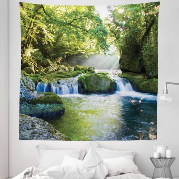 Jungle Tapestry, Foliage Jungle Misty Mountains Waterside River Shaft Sunbeams Image, Fabric Wall Hanging Decor for Bedroom Living Room Dorm, 5 Sizes, Yellow Green Blue, by Ambesonne