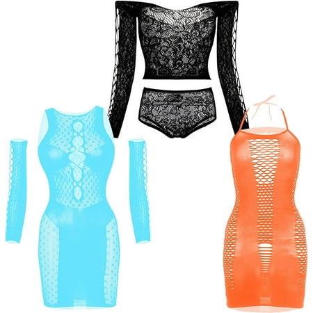 

3X Women Sexy Mesh Fishnet Mini Dress Camisole Babydoll Lingerie Set Nightgowns Chemise Nightwear Sleepwear Underwear