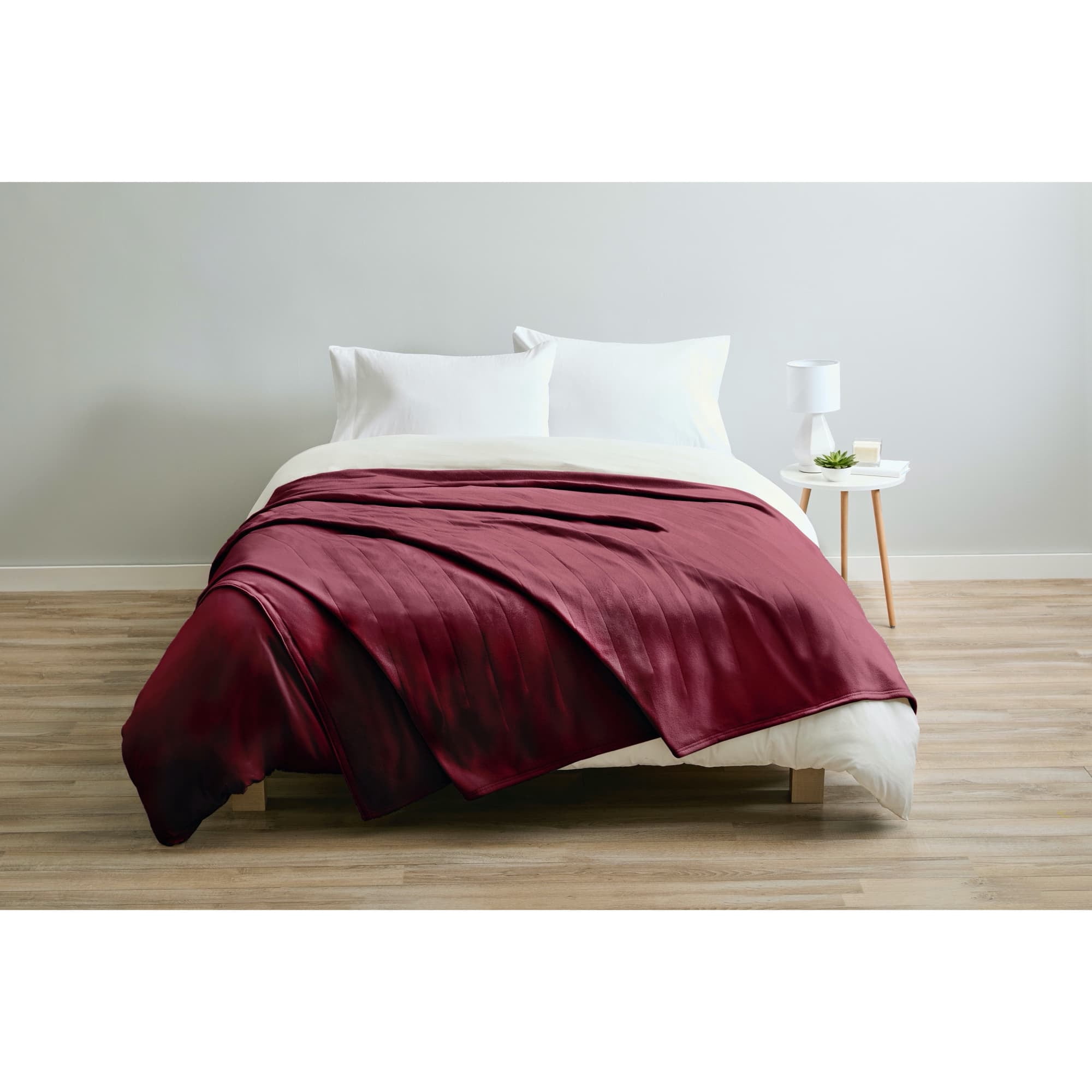 Sunbeam Fleece Heated Blanket, Twin (62" x 84"), Push Button Controller with 5 Heat Settings, Garnet