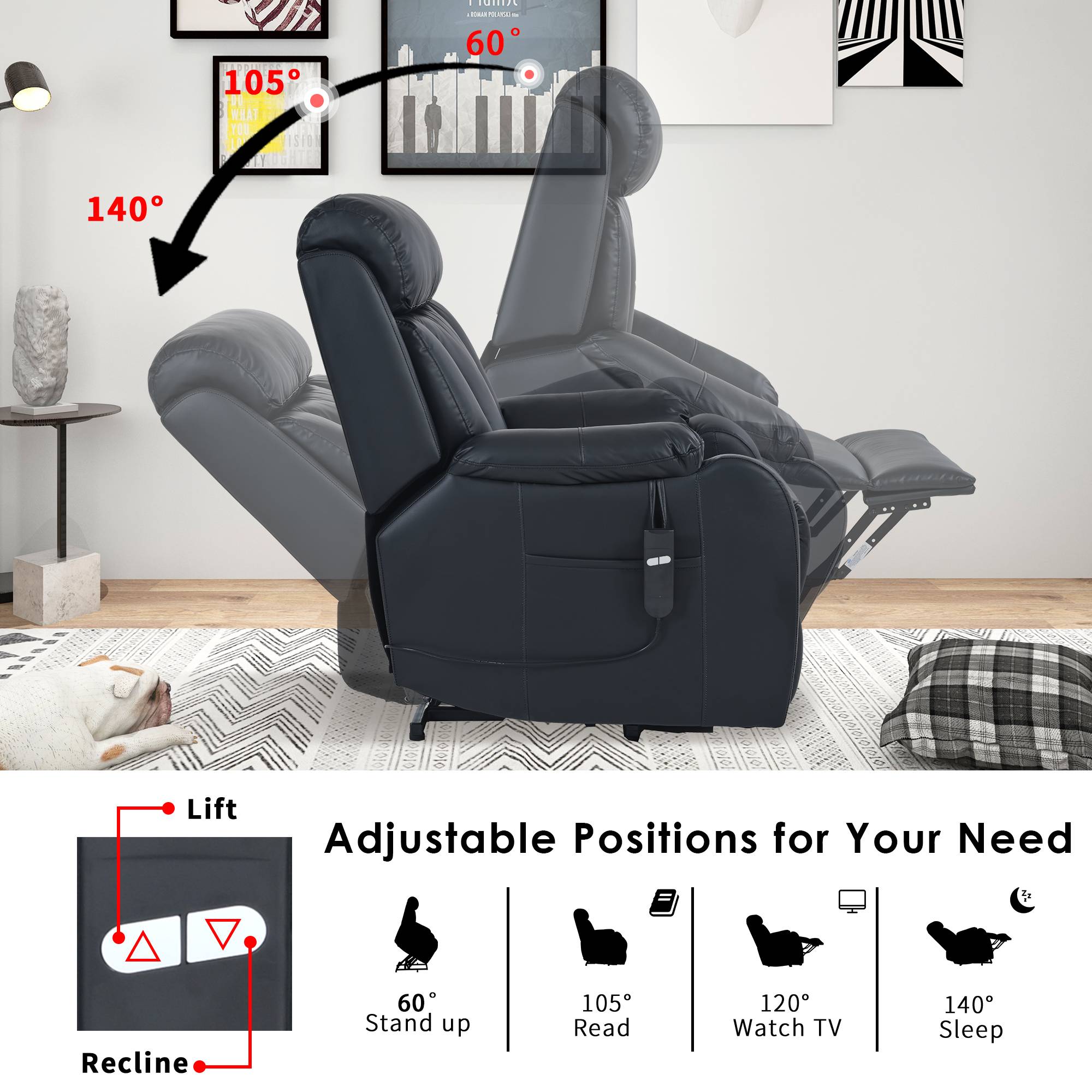 Electric Power Lift Recliner Chair for Elderly, PU Recliner Lounge Single Sofa&nbsp;Chair for Living Room, Black