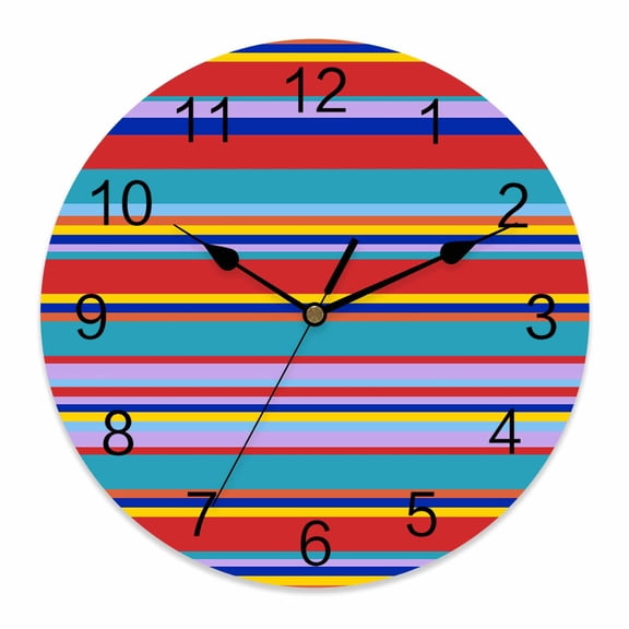 Wall Clock Mexican Serape Colorful Stripes Clocks PVC Silent Non-Ticking Battery Operated Decorative Boho Style Striped Round Clock for Home Living Room Kitchen Bedroom Office Wall Decor 10 Inch