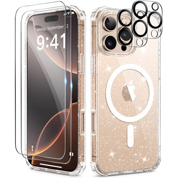 5-in-1 Entronix Bundle with Clear Glitter Case, 2 Clear Camera Lens Protector and 2 Tempered Glass Screen Protector For iPhone 16 Pro Max, Soft Bumper, Magnetic Sparkly Cover