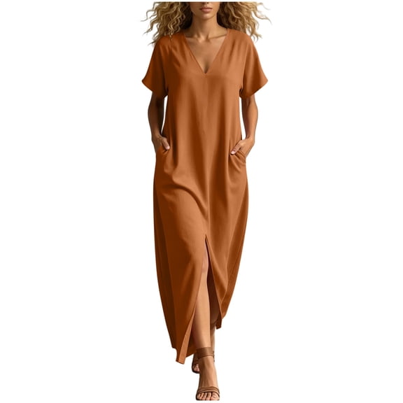 GUACER Women's Maxi Dress Casual V-Neck Short Sleeve Loose Flowy Long Dress with Pockets and Front Slit, Summer Beach Vacation Sundress