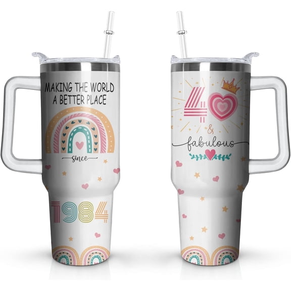 40th Birthday Gifts Cup, 40 Oz Stainless Steel Tumbler with Handle & Straw, 40 Year Old Birthday Gifts for Women Coffee Mug, 40th Birthday Decorations for Women, Happy 40th Birthday Gifts for Women