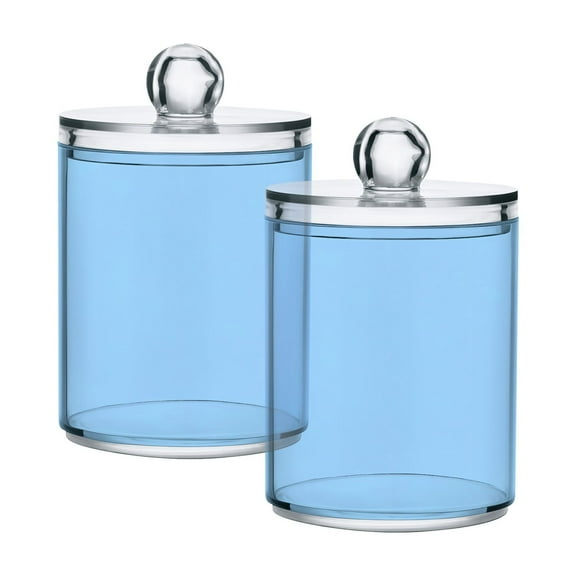 2 Pack Light Sky Blue Qtip Holder Dispenser Clear Plastic Storage Apothecary Jars for Cotton Swabs Balls Pads Floss