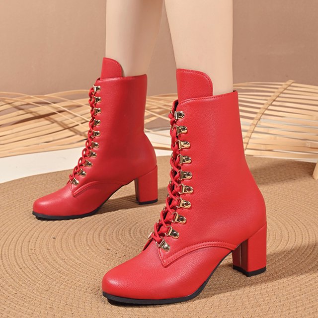 Pisexur Boots for Women Solid Color British Style Large Size Fall And Winter Style Comfortable Heightened Thick Heel Short Barrel Motorcycle Boots Red,43