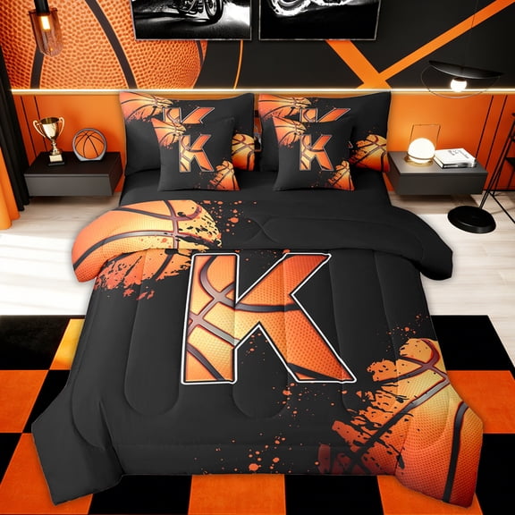 Homewish Initial K Letter Twin Bedding Sets 7-Piece for Kids, Cartoon Basketball Sport Bedding Comforter Set, Black Orange Reversible Sheet Sets, Luxury Bedroom Decor