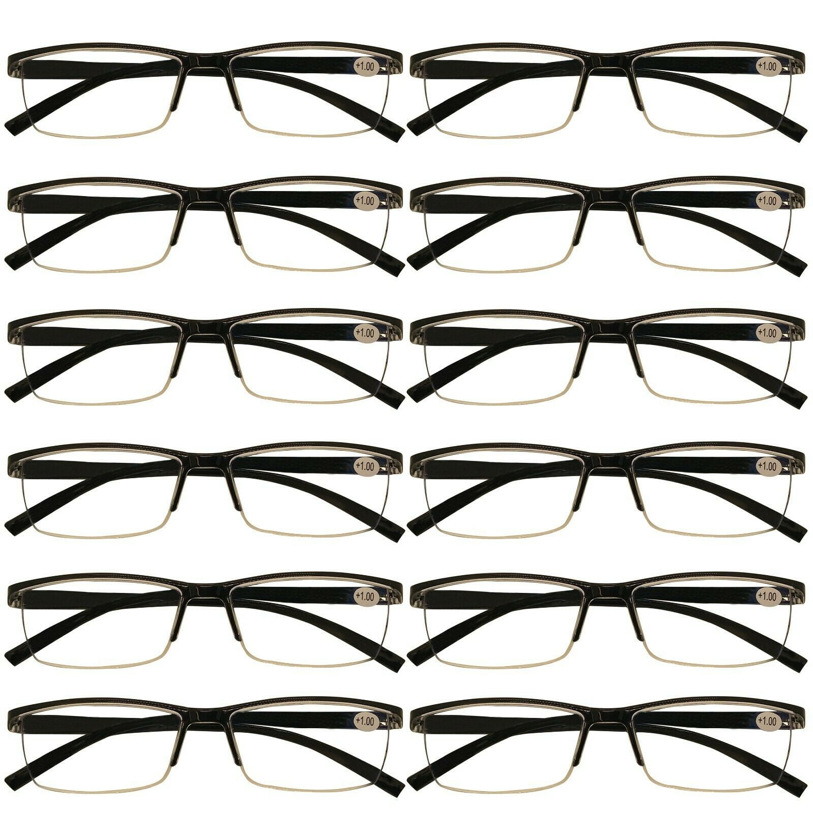 12 Packs Mens Rectangle Half Frame Reading Glasses Blue Light Blocking Black Spring Hinge