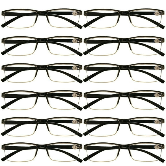 12 Packs Mens Rectangle Half Frame Reading Glasses Blue Light Blocking Black Spring Hinge Readers  1.00